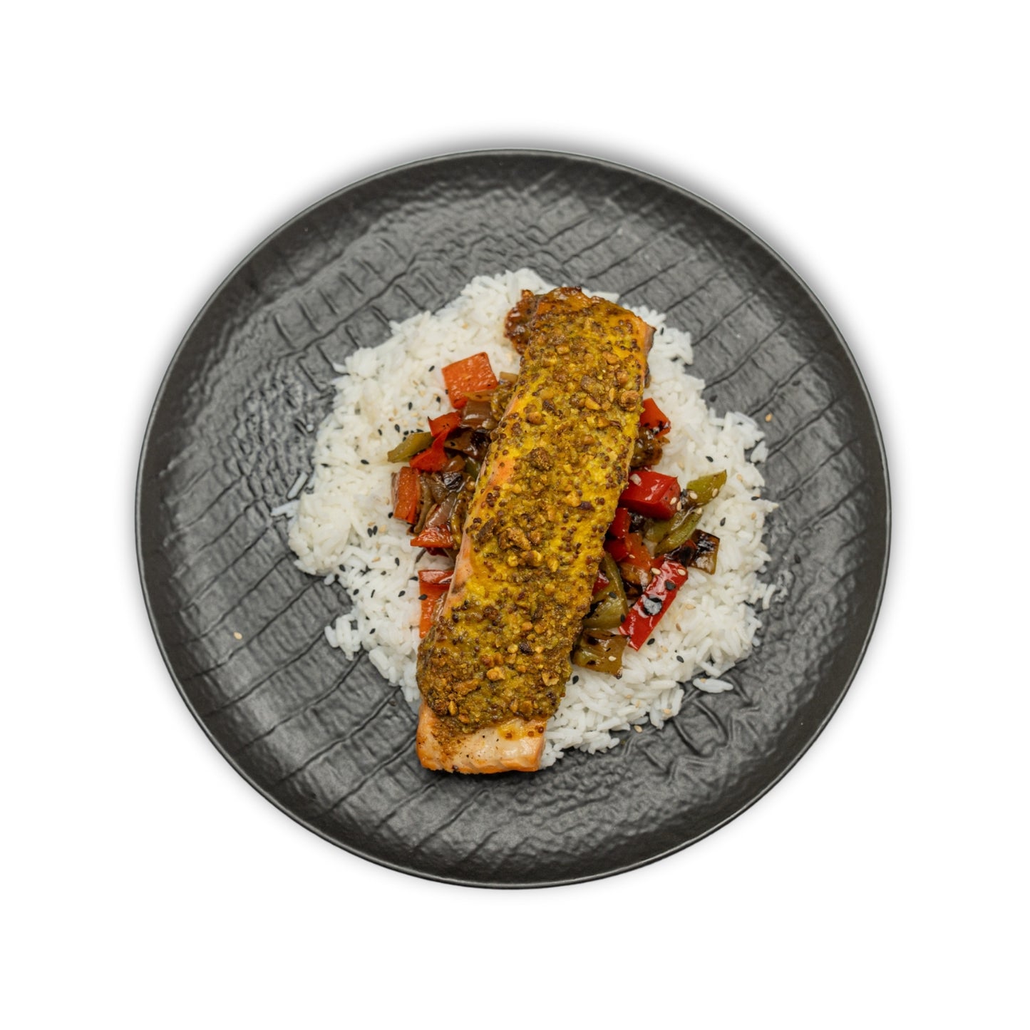 Salmón con mostaza, miel y pistacho con arroz basmati y salteado asiático