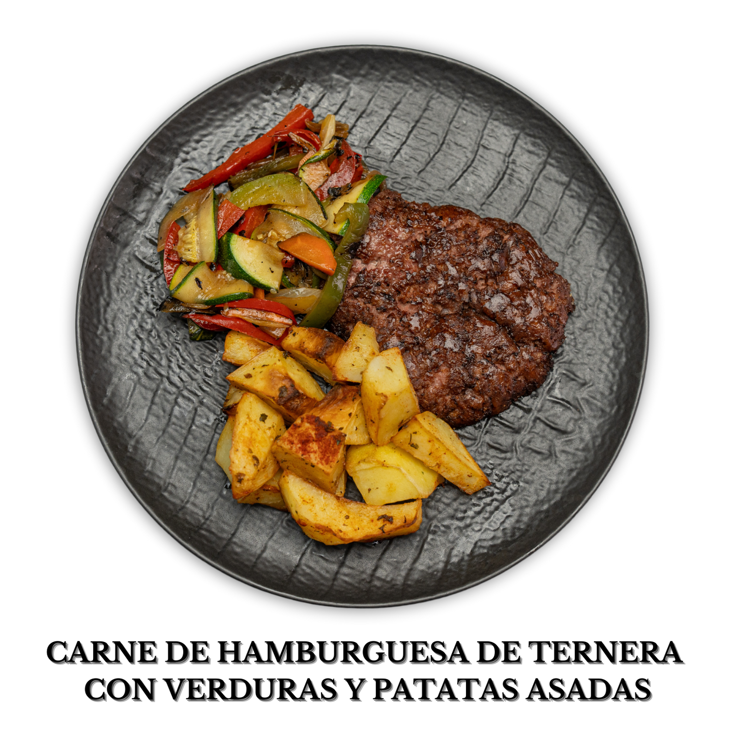 Carne de hamburguesa de ternera con verduras y patatas asadas alérgenos: nada
