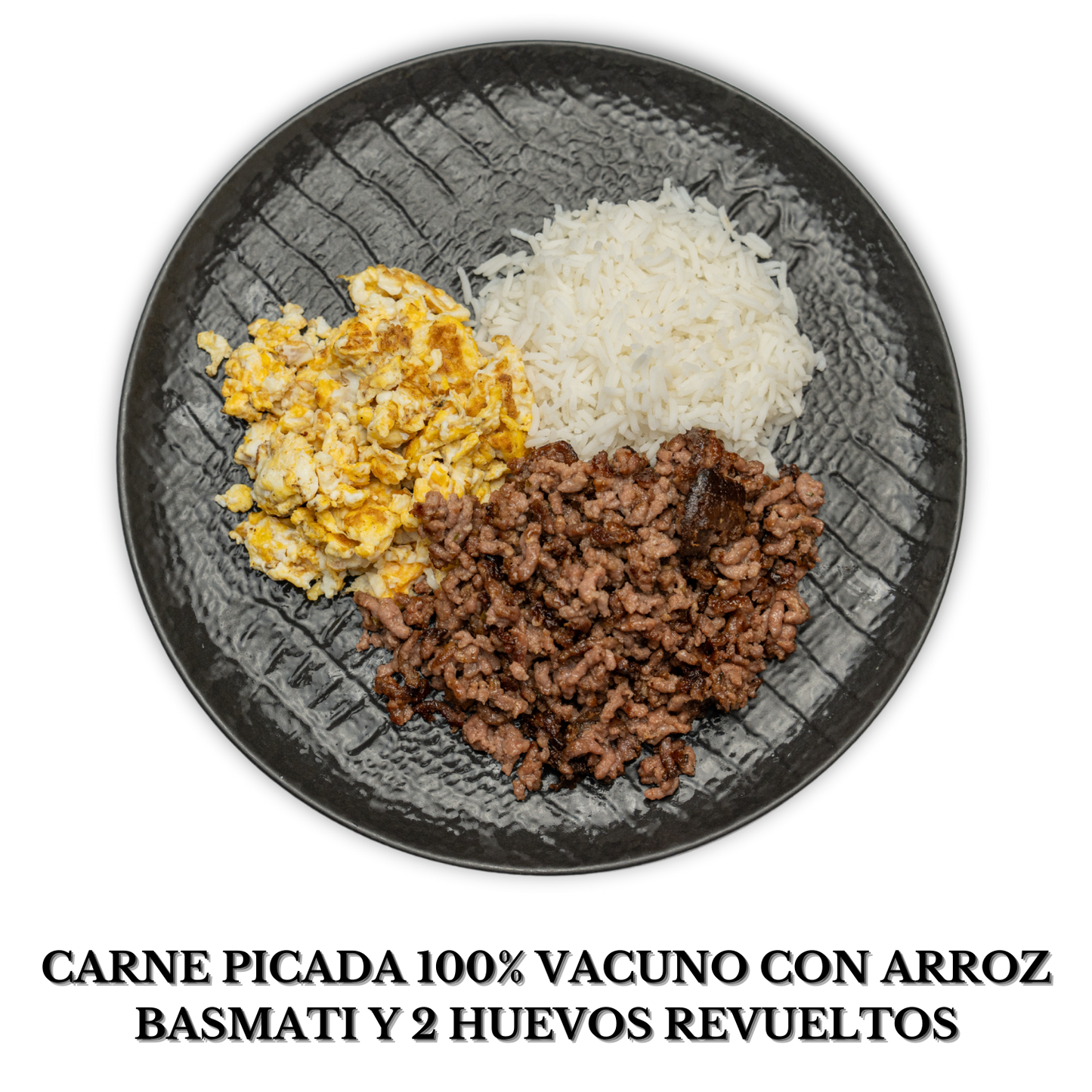 Carne 100% vacuno con arroz basmati y 2 huevos revueltos (alérgenos: huevo)