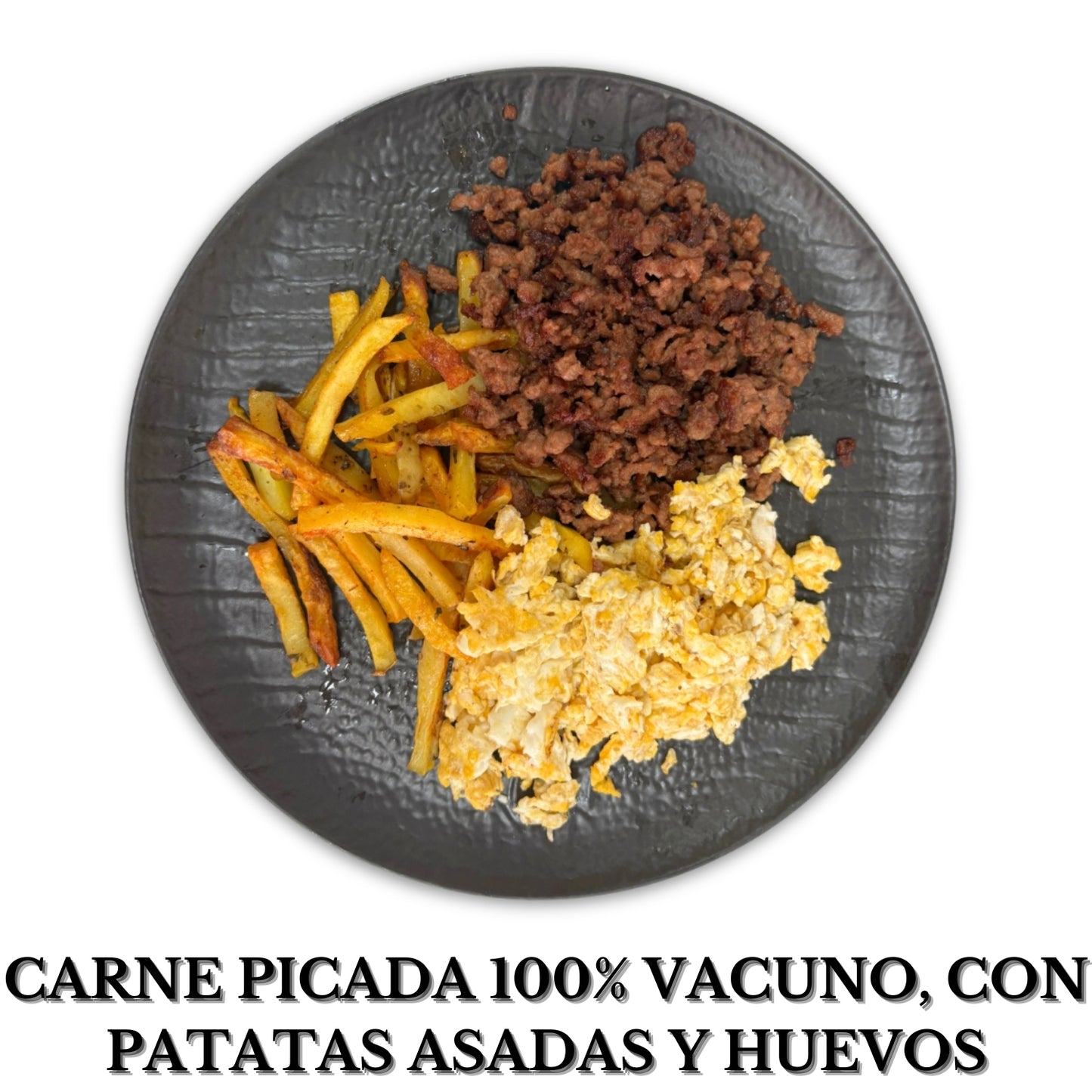 Carne picada 100% vacuno con patatas asadas y dos huevos revueltos alérgenos(nada)