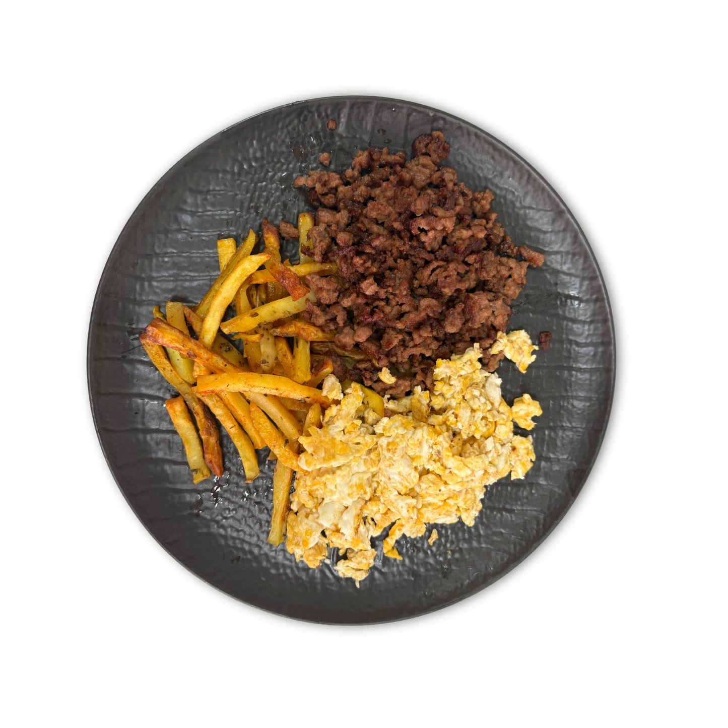 Carne picada 100% vacuno con patatas asadas y huevo a la plancha
