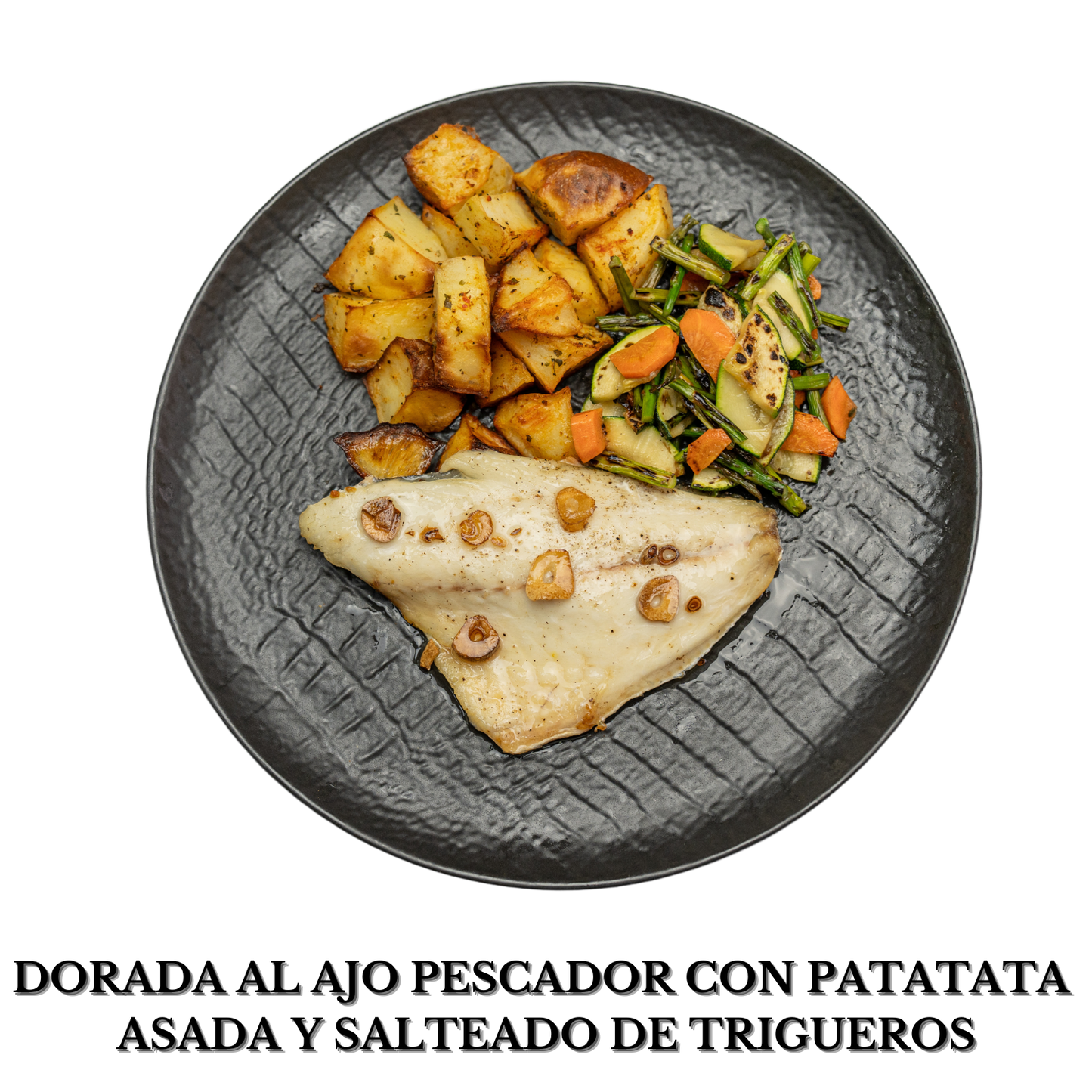 Dorada al ajo pescador con patata asada y salteado de trigueros alérgenos: pescado