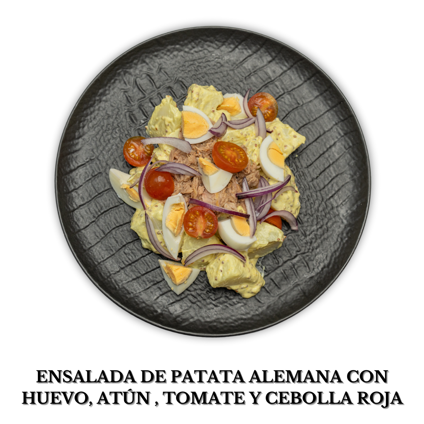 Ensalada de patata alemana con huevo, atún, tomate y cebolla roja alérgenos(huevo y pescado)