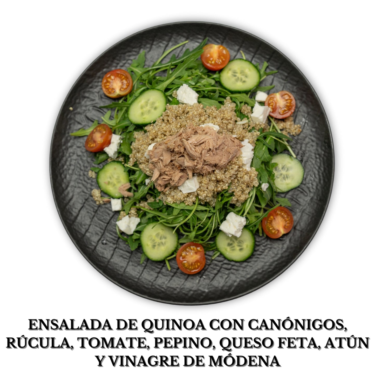 Ensalada de quinoa con canónigos, rúcula, tomate, pepino, queso feta, atún y vinagre de módena Alérgenos: (gluten*, pescado, leche, sulfitos*)