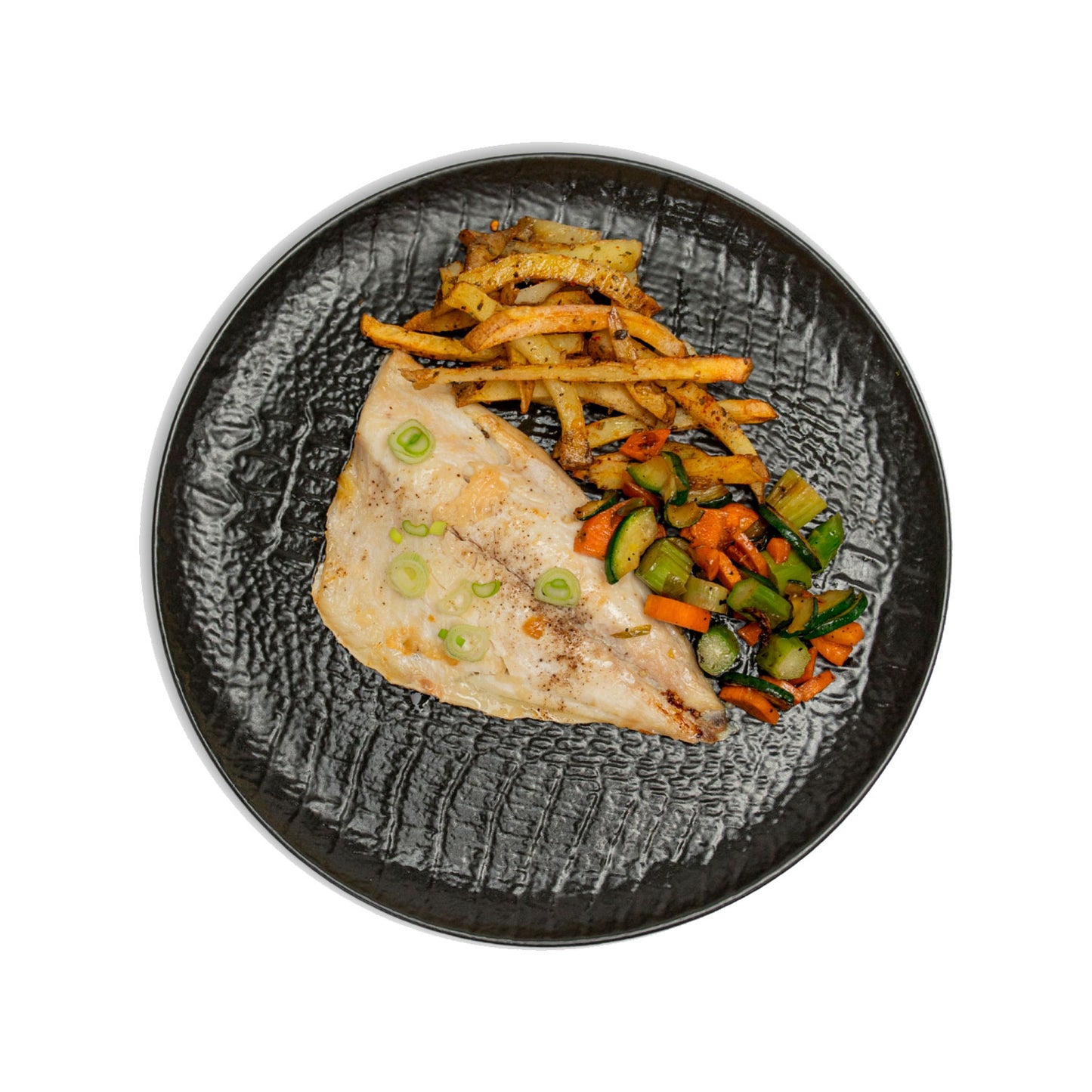 Merluza con salteado de trigueros y patata asada