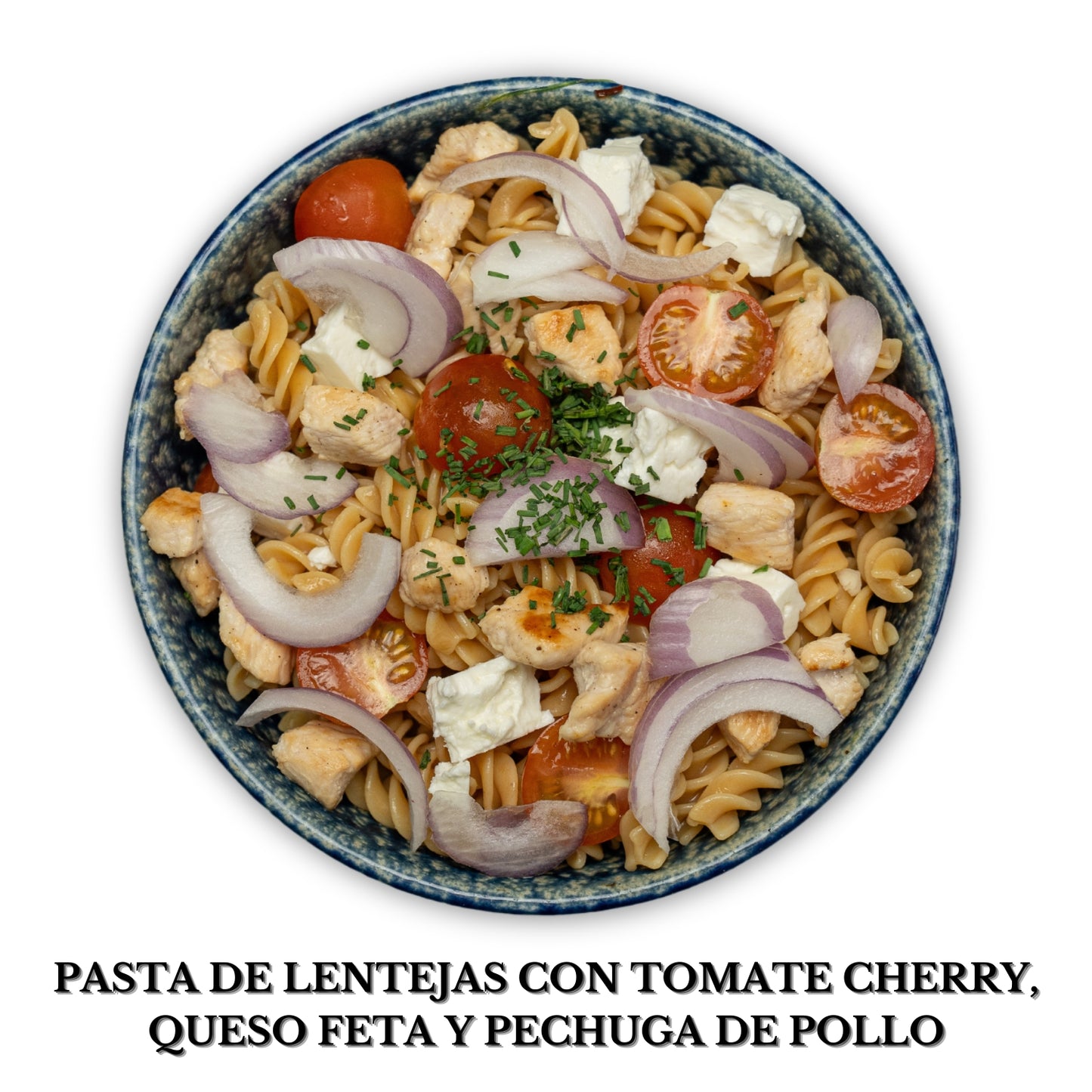 Pasta de lentejas con tomate cherry, queso feta y pechuga de pollo Alérgenos: (leche)