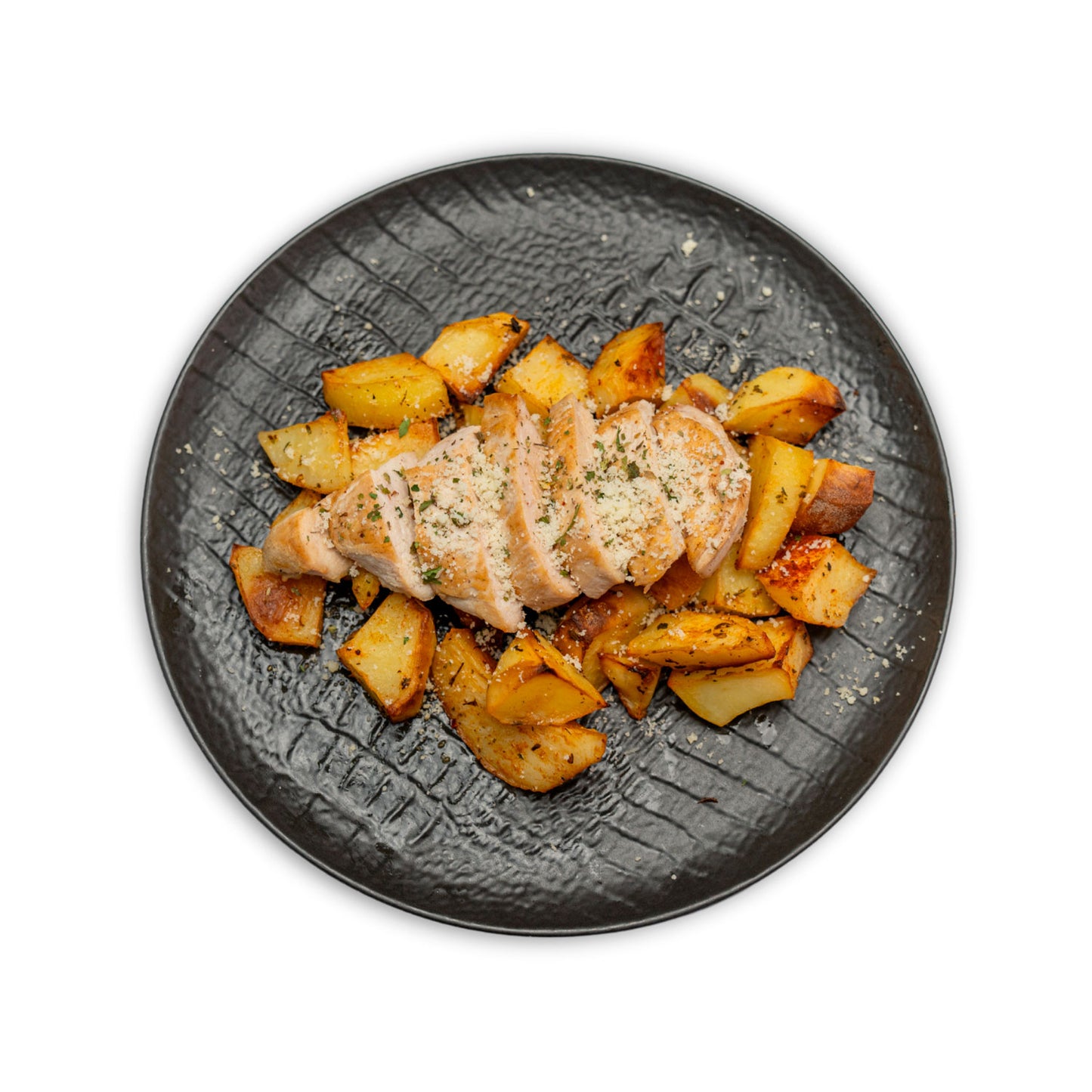 Pechuga de pollo sazonada con parmesano y patatas asadas