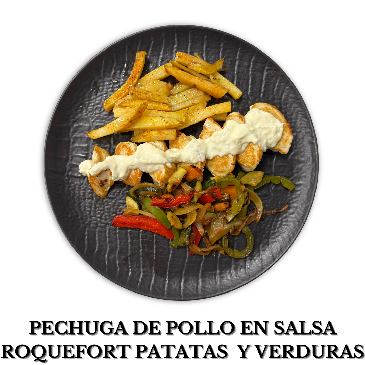 Pechuga de pollo en salsa roquefort con patatas y verduras salteadas alérgenos: Lácteos