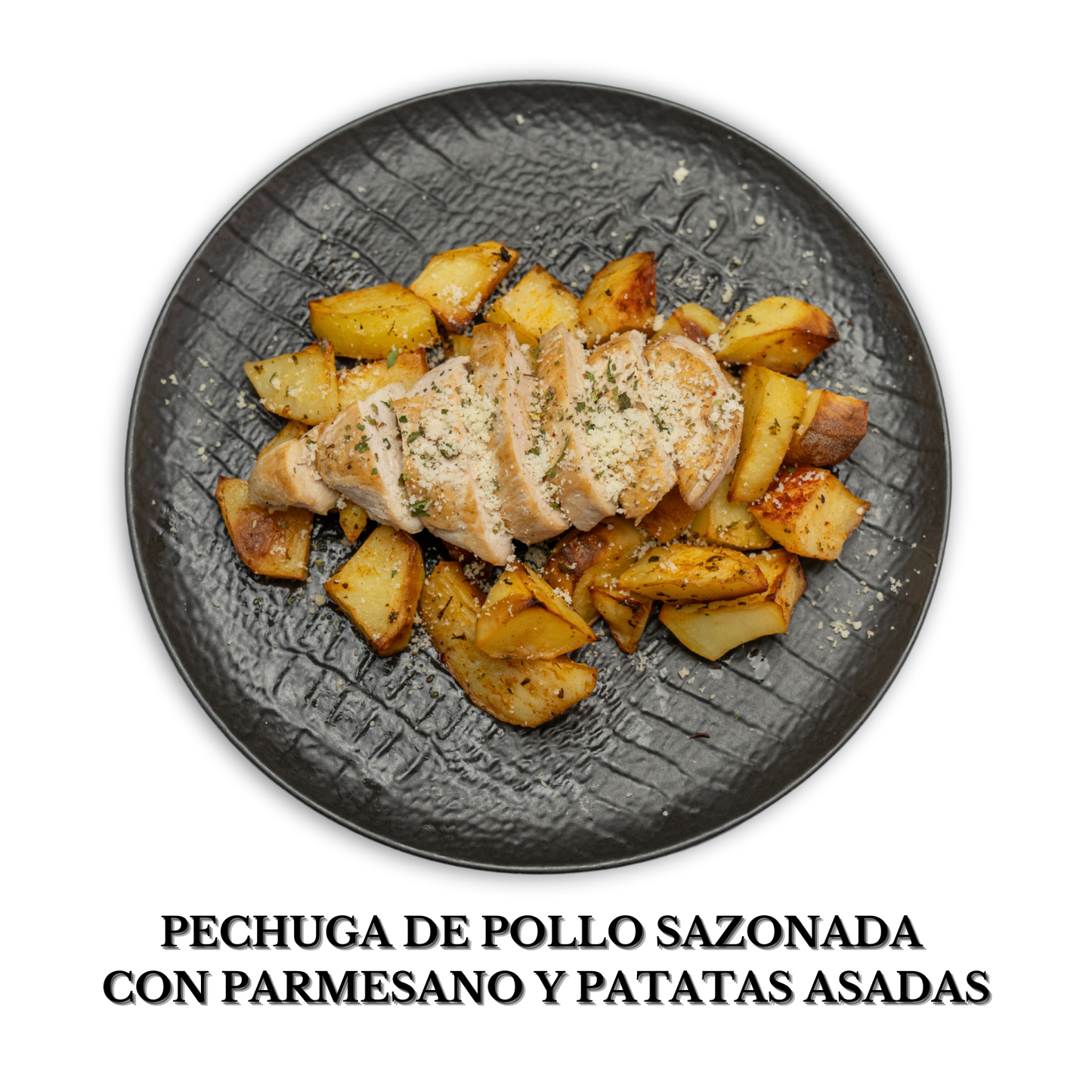 Pechuga de pollo sazonada con parmesano y patatas asadas alérgenos: lácteos
