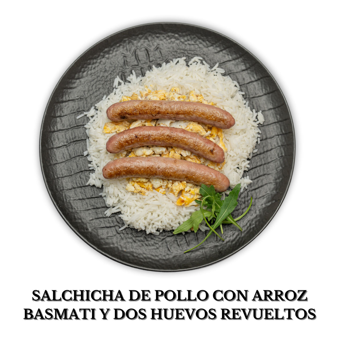 Salchichas de pollo con arroz basmati y 2 huevos revueltos alérgenos: huevo