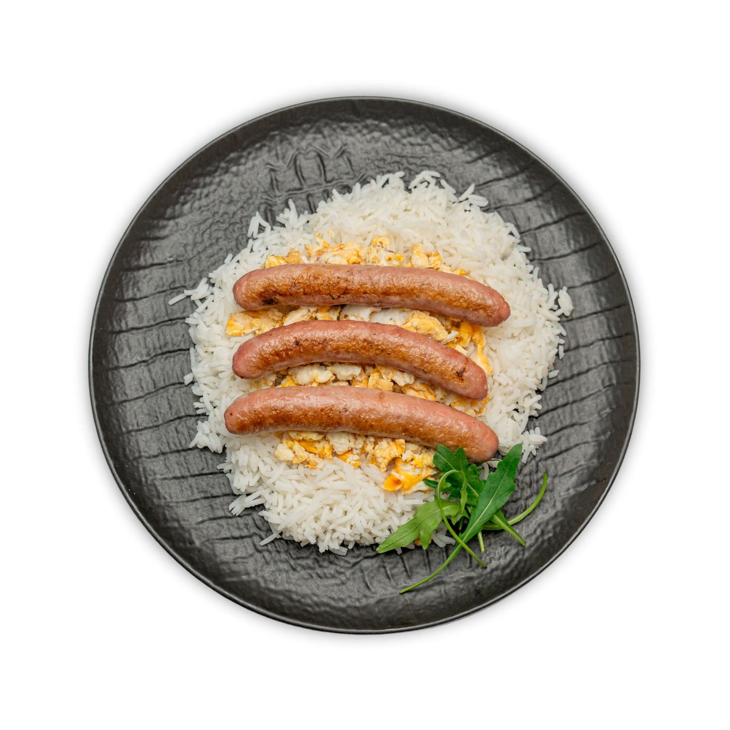 Salchichas de pollo con arroz basmati y 2 huevos revueltos