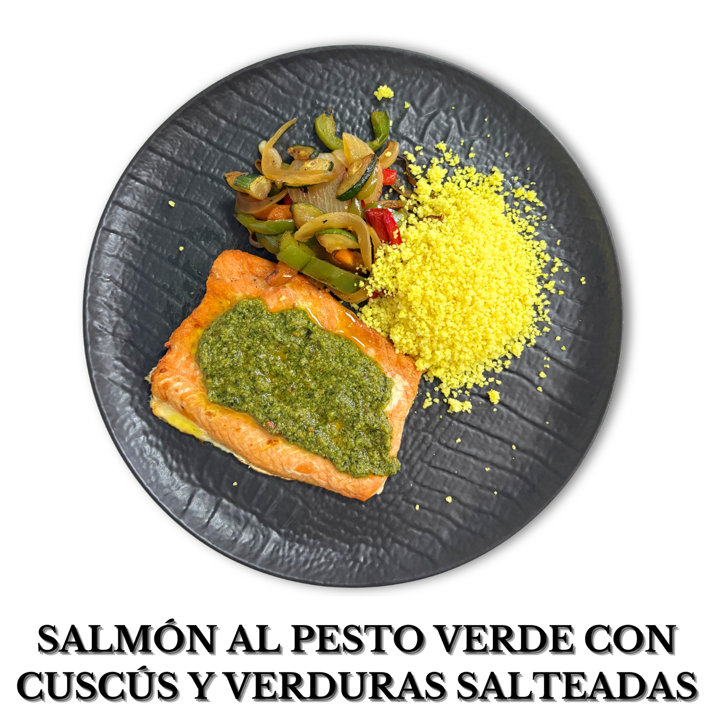 Salmón al pesto verde con cuscús y verduras salteadas alérgenos: Pescados, frutos secos y lcteos