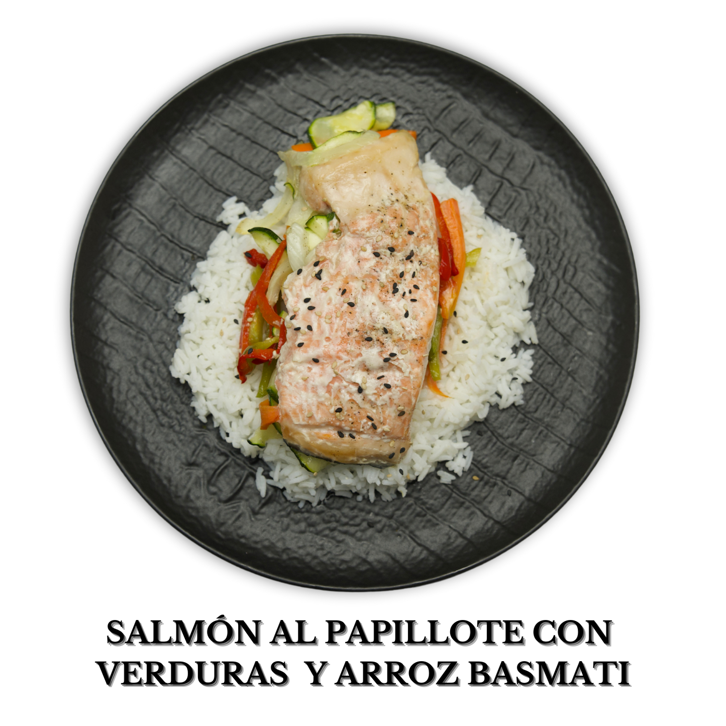 Salmón en papillote con verduras y arroz basmati (alérgenos: Pescado, Soja)