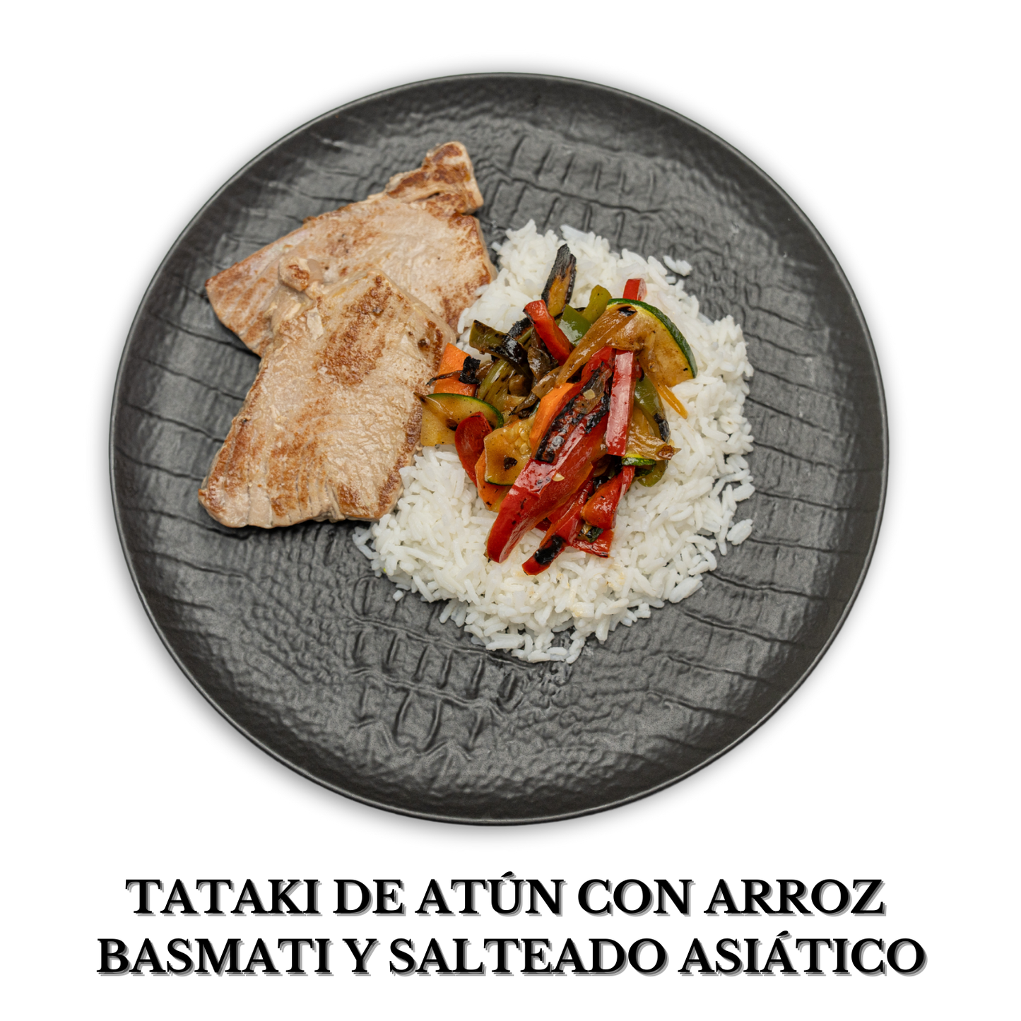 Tataki de atún con arroz basmati y verduras salteadas alérgenos: pescado, soja, gluten, sésamo