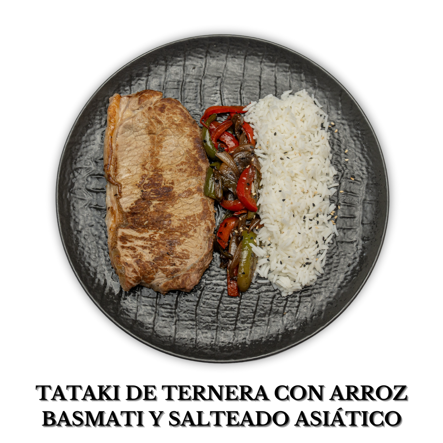 Tataki de ternera con arroz basmati y salteado asiático ( alérgenos :Soja, sésamo)