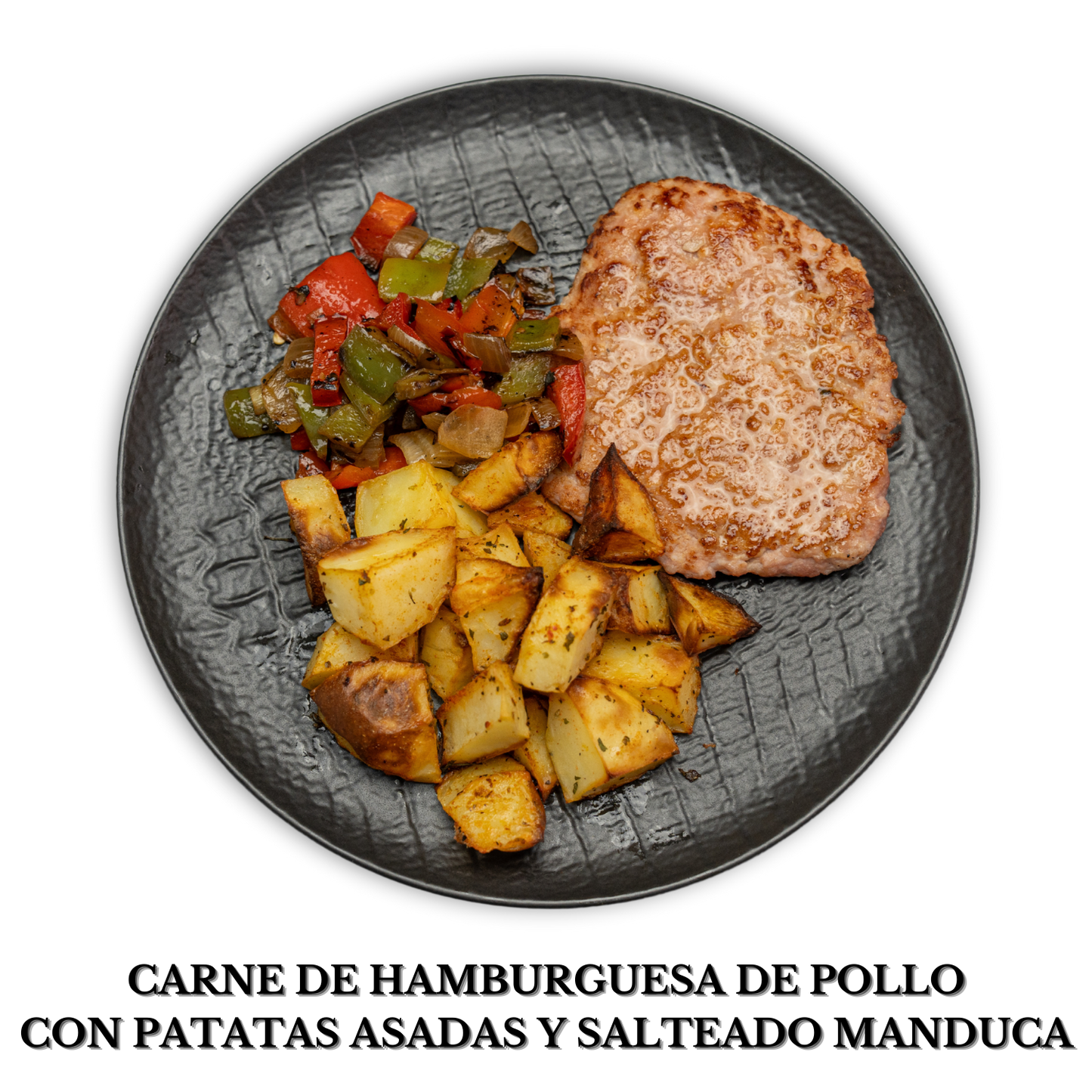 Carne de hamburguesa de pollo con patatas asadas y salteado manduca alérgenos: nada