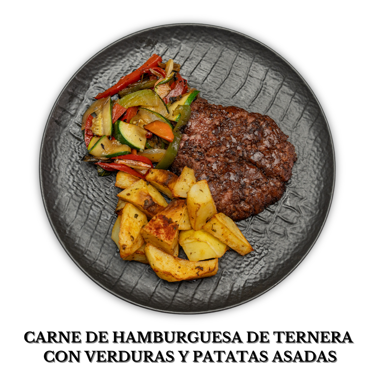 Carne de hamburguesa de ternera con verduras y patatas asadas  alérgenos: nada