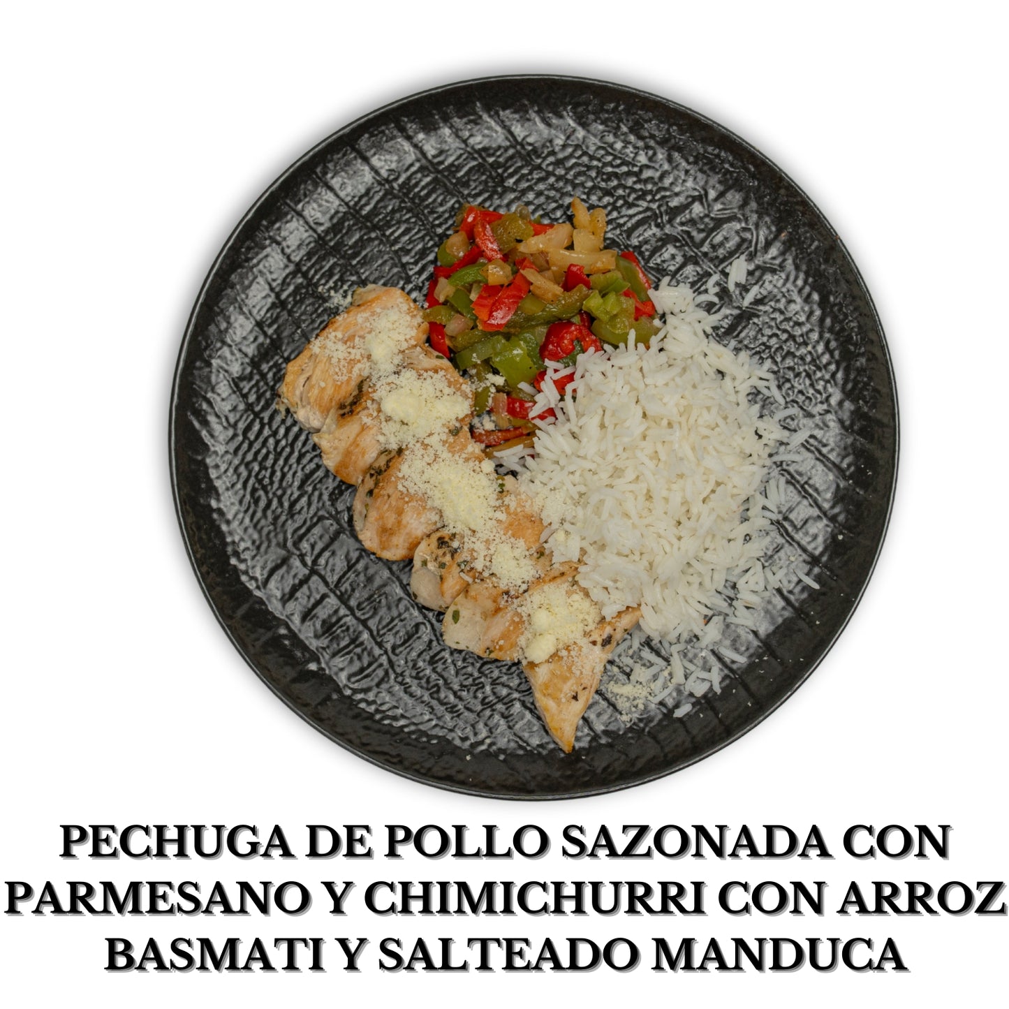 Pechuga de pollo sazonada con parmesano y chimichurri con arroz basmati y salteado manduca ( alérgenos: ( alérgenos: lácteos)