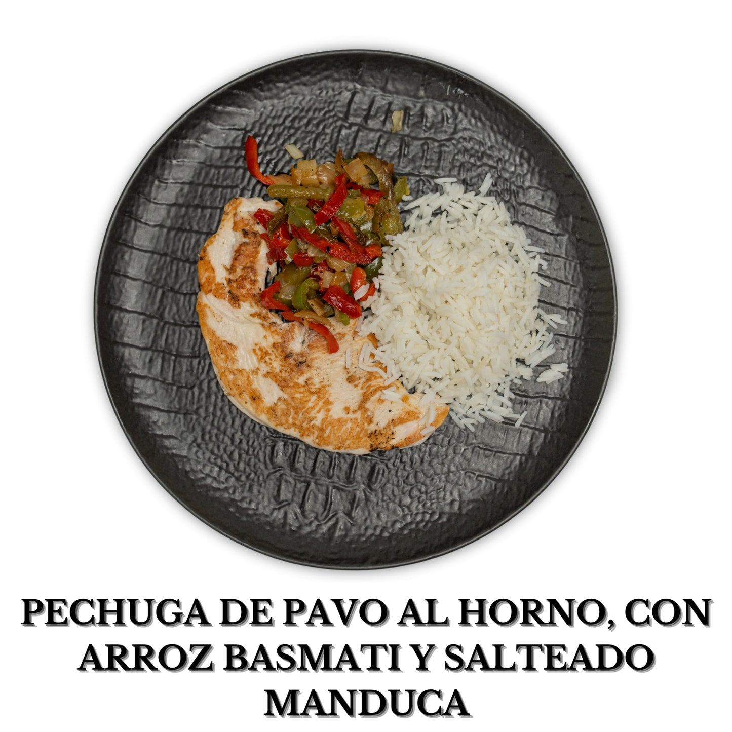 Pechuga de pavo al horno, con arroz basmati y salteado manduca (alérgenos : Nada)