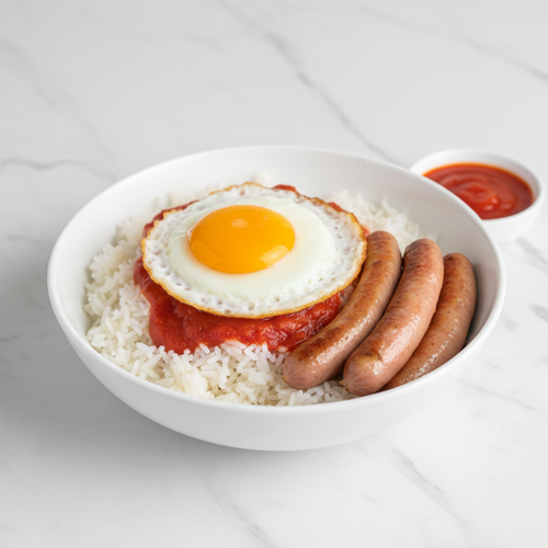 Arroz a la cubana con salchicha de pollo, salsa de tomate, y huevo a la plancha