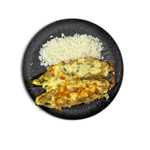 Calabacín relleno de atún con arroz