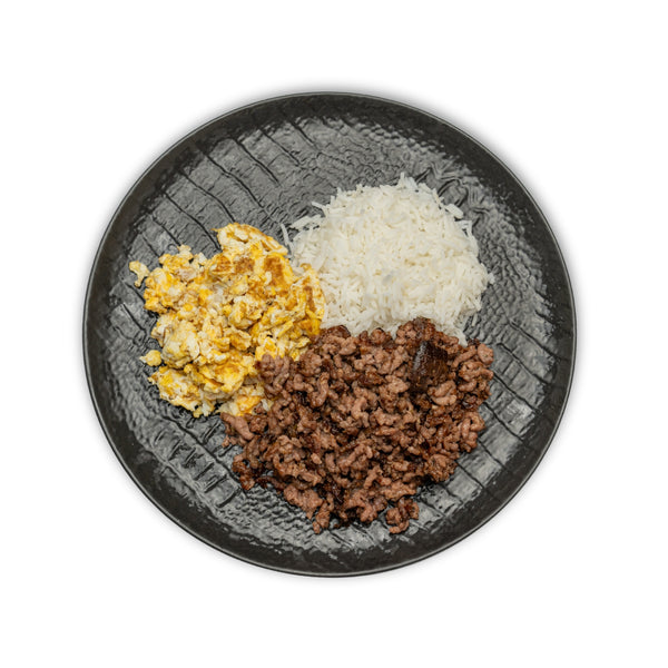 Carne 100% vacuno con arroz basmati y 2 huevos revueltos