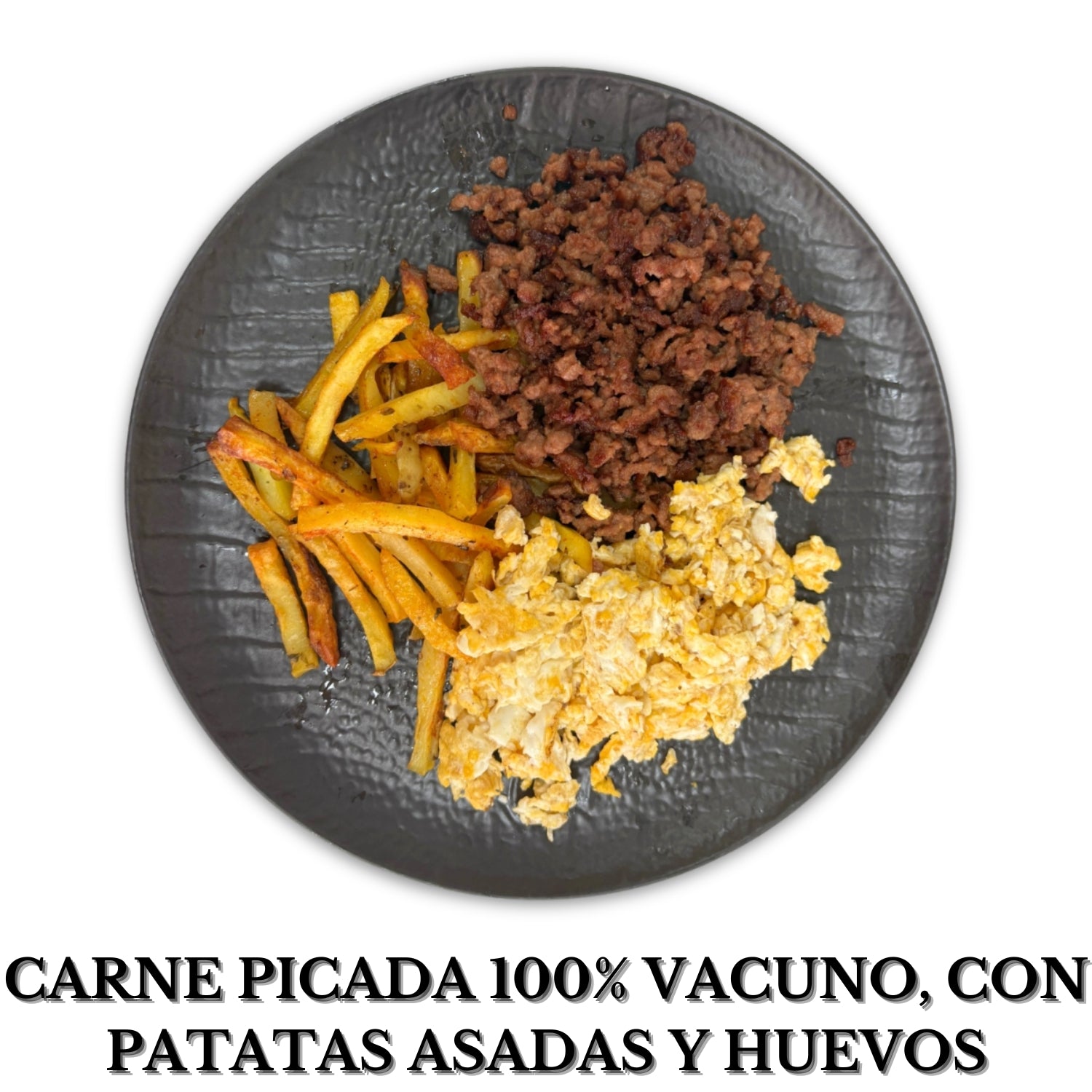 Carne picada 100% vacuno con patatas asadas y dos huevos revueltos alérgenos(nada)