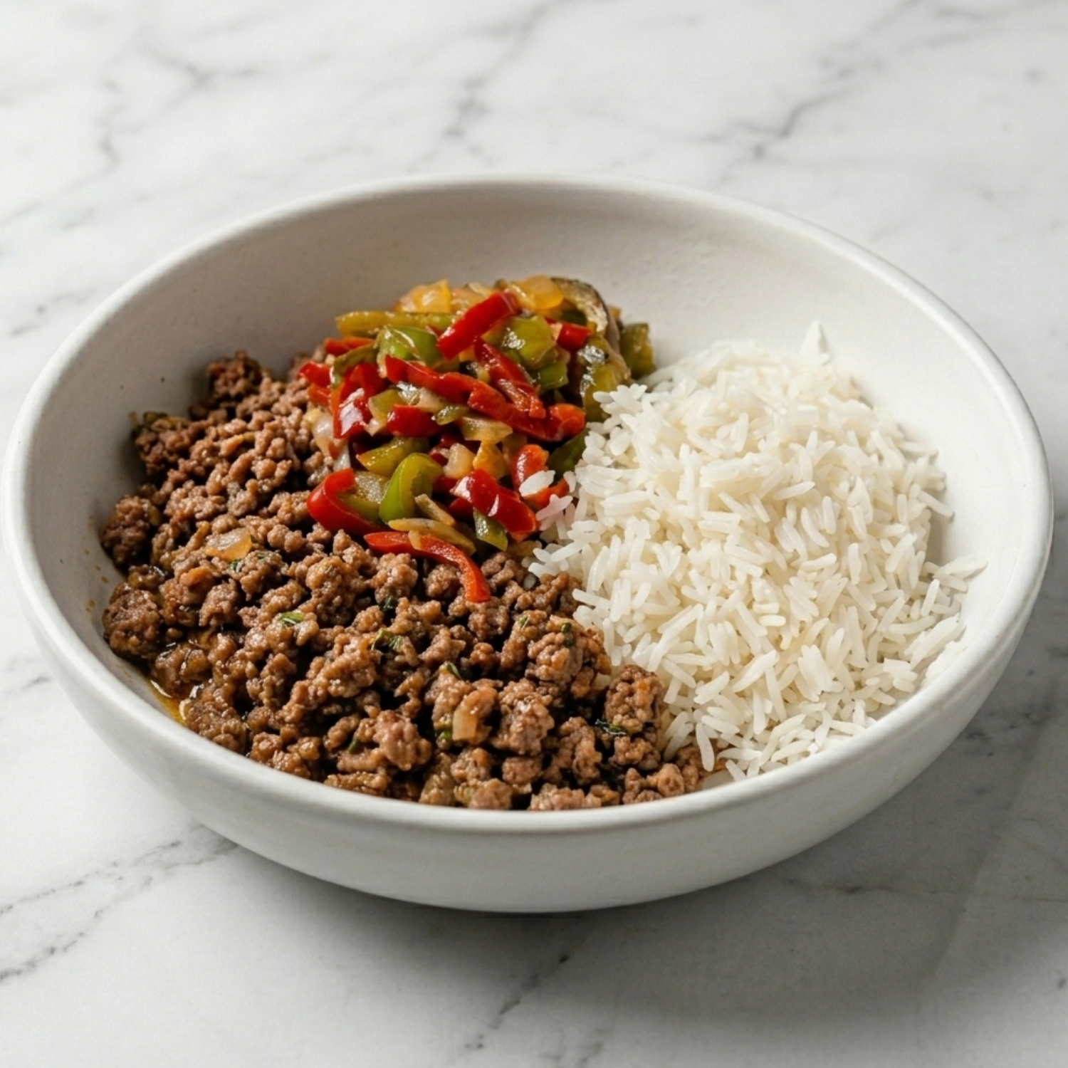 Carne picada 100% vacuno con arroz basmati y salteado manduca