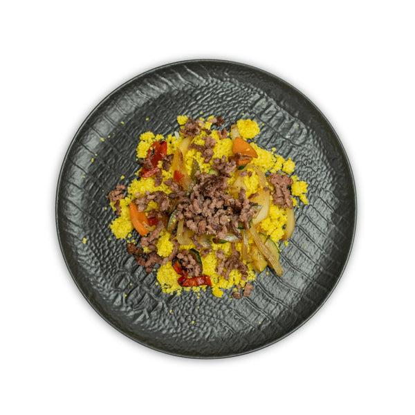 Cuscús con verduras salteadas y carne picada 100% vacuno