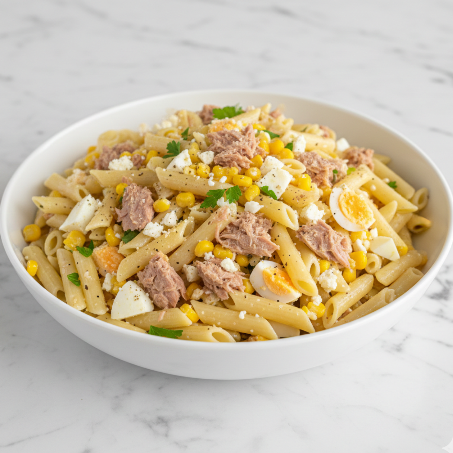 Ensalada de pasta con atún, huevo cocido, maíz dulce y queso feta