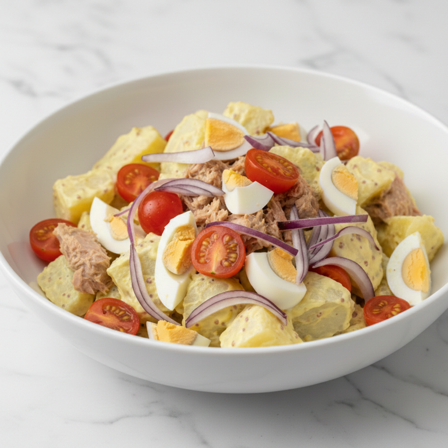 Ensalada de patata alemana con huevo, atún, tomate y cebolla roja Alérgenos: Huevo, Pescado