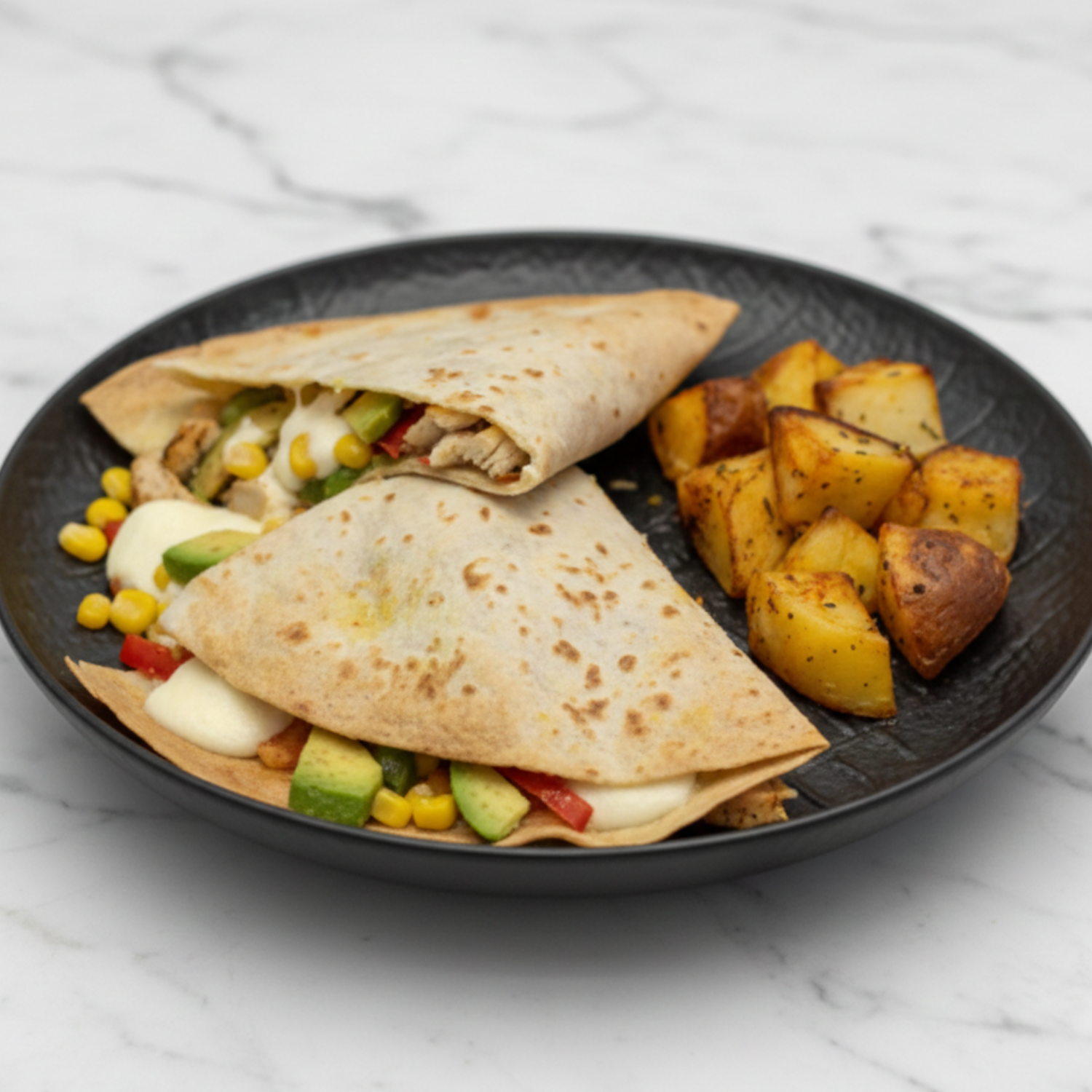 Quesadilla de pollo con mozzarella, maiz, pimiento y aguacate