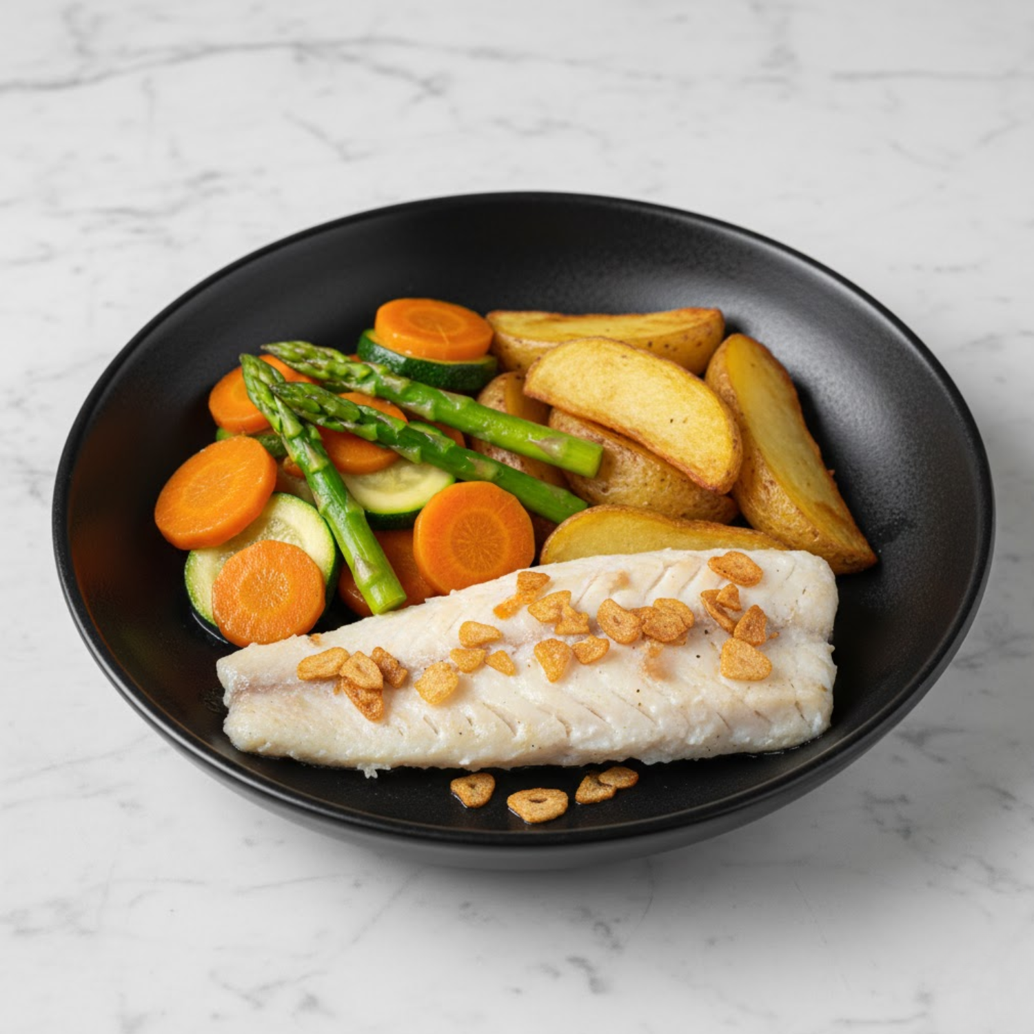 Lubina al ajo pescador, con patatas asadas y salteado manduca Alérgenos: Pescado