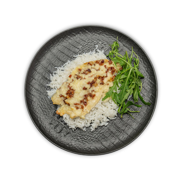 Lubina con jamón y queso con arroz basmati alérgenos