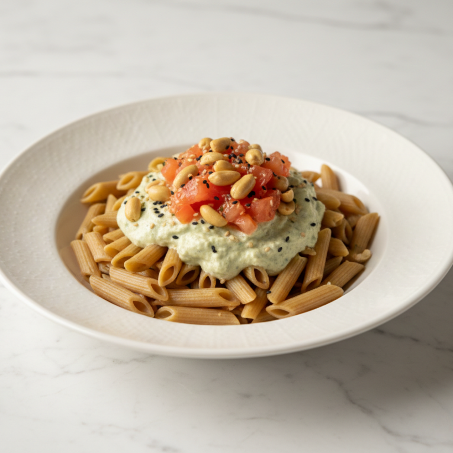 Macarrones integrales con crema de salmón ahumado y cacahuetes