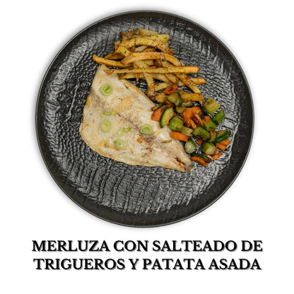 Merluza con salteado de trigueros y patata asada  alérgenos: pescado