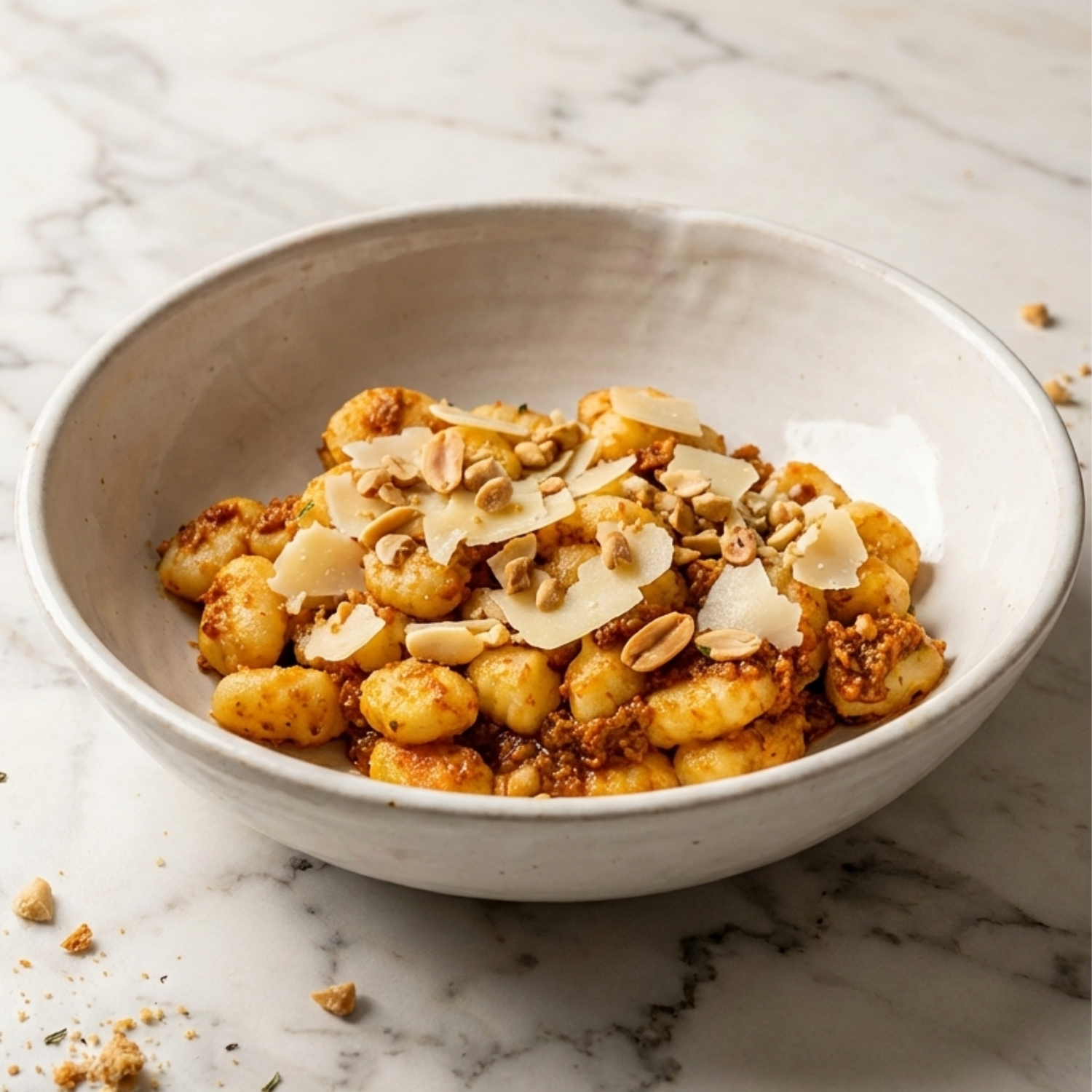 Ñoquis al pesto rojo con cacahuetes y parmesano alérgenos: cacahuete, lácteos