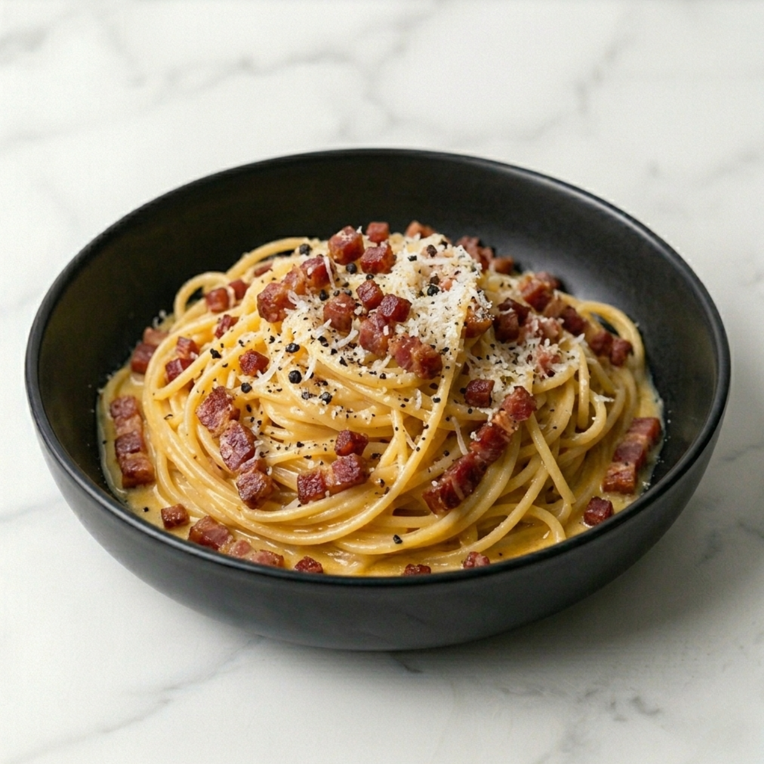 Espaguetis a la carbonara con taquitos de jamón, salsa con yemas de huevo, pimienta y Grana Padano