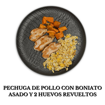 Pechuga de pollo con boniato asado y 2 huevos revueltos (alérgenos:huevo)