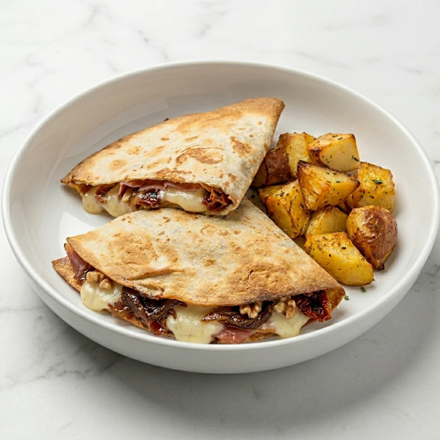 Piadina de jamón, con gorgonzola, cebolla caramelizada, nueces y tomate seco
