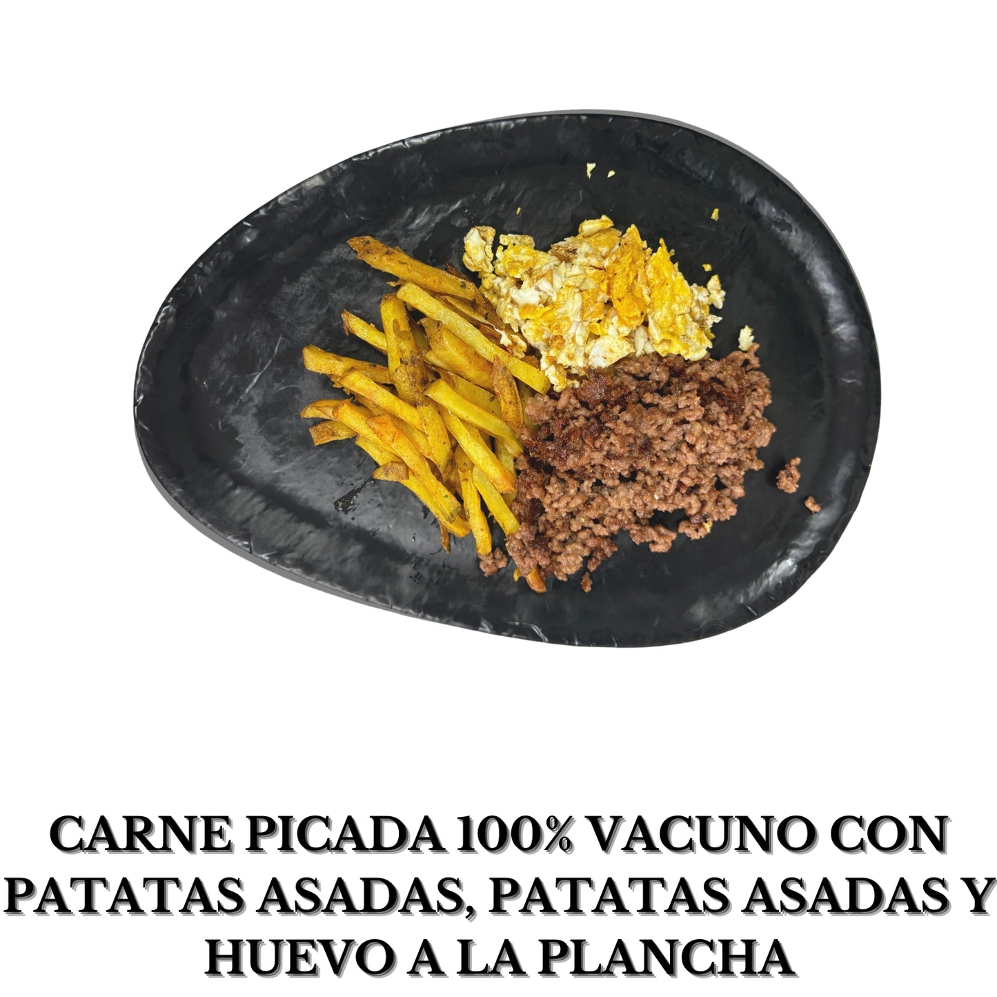 Carne picada 100% vacuno con patatas asadas, patatas asadas y huevo a la plancha ( alérgenos: huevo)