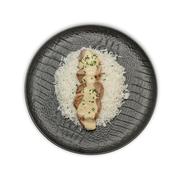 Solomillo de cerdo con salsa roquefort y arroz basmati