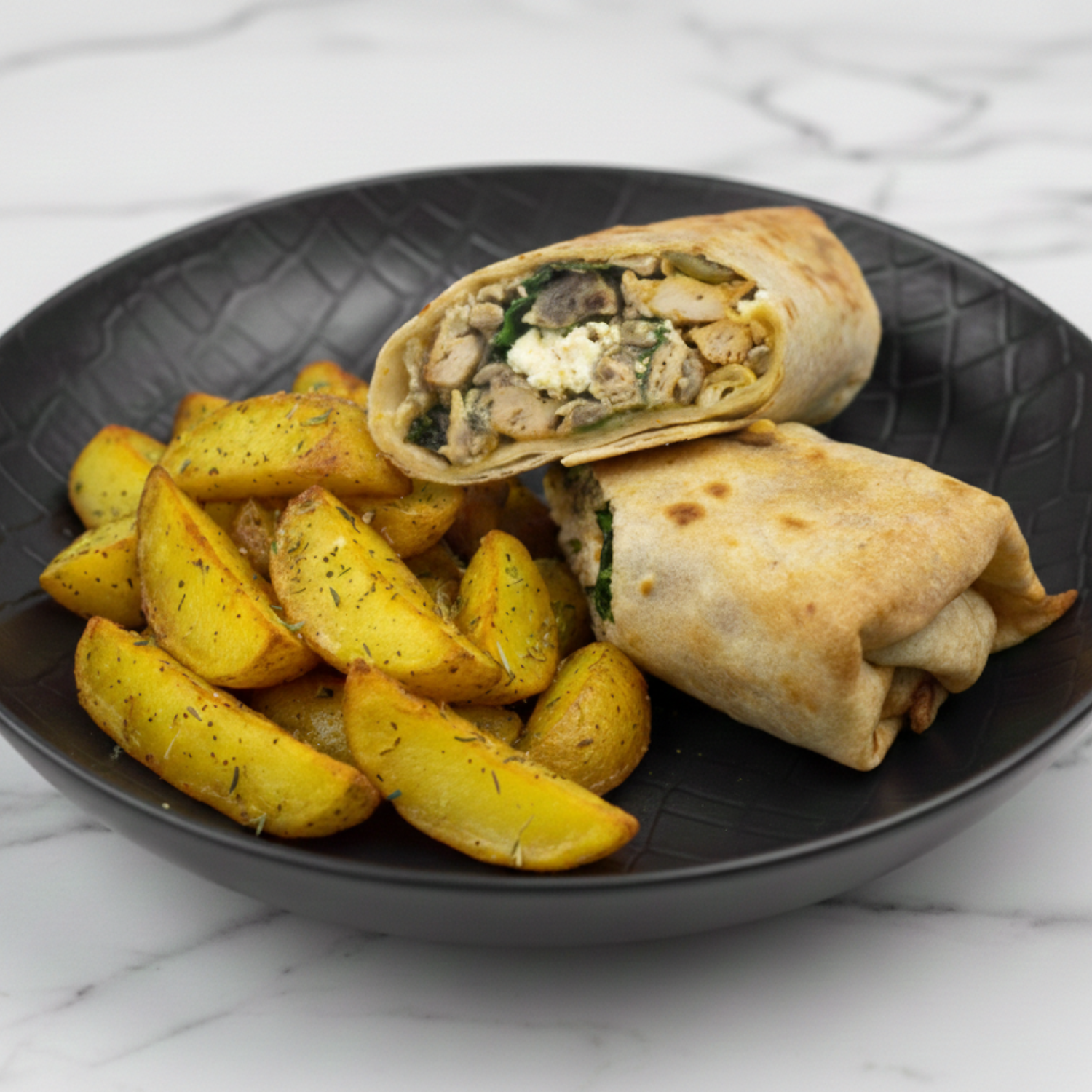 Wrap de pollo con patatas asadas y salsa de trufa