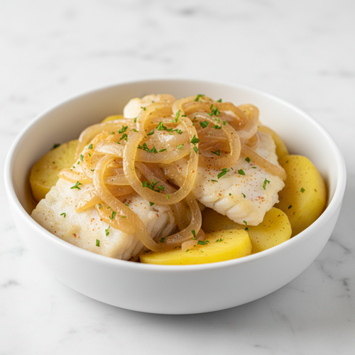 Bacalao encebollado con patatas