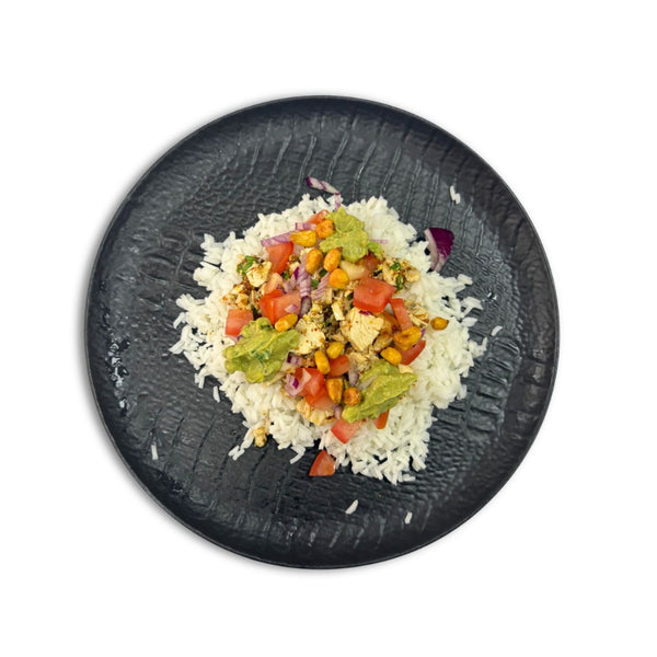 Tingas de pollo con arroz guacamole